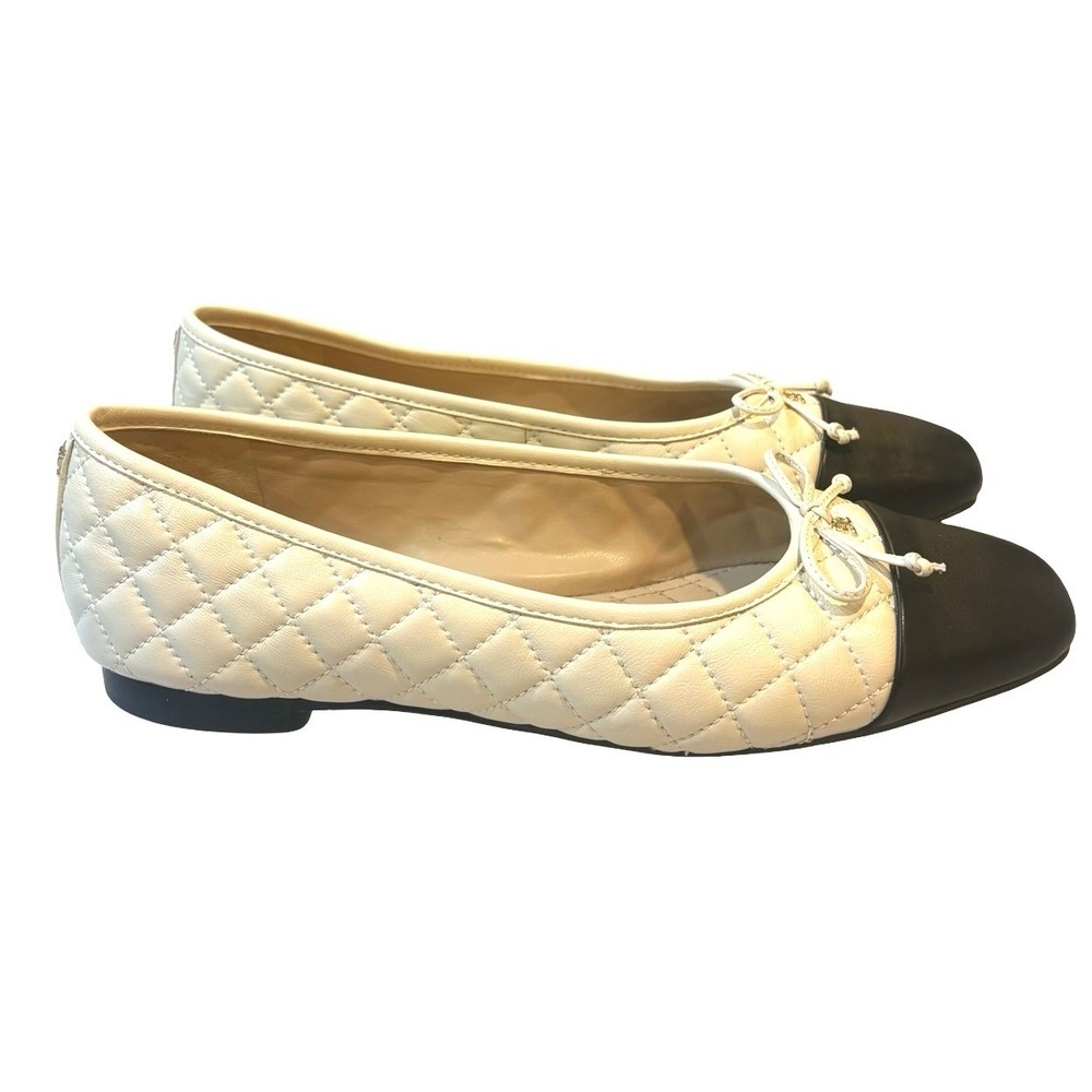 Sam Edelman Quilted Cream Ballet Flats with Black Cap Toe